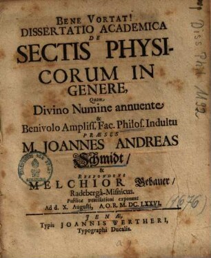 Dissertatio Academica De Sectis Physicorum In Genere