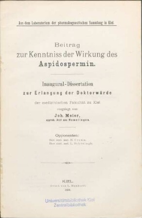 Beitrag zur Kenntniss der Wirkung des Aspidospermin