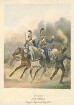 2 Kürassiere vom Kürassier-Regiment (Prinz Carl) im Galopp mit gezogenem Degen vor brennender Stadt, in den Strassen fliehende Bürger, Uniformblätter nach der bayr. Armee von Dietrich Monten und Heinrich Ambros Eckert