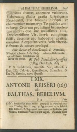 LXIX. Antonii Reiseri (165) ad Balthas. Bebelium