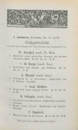 I. Auctionstag (Dienstag, den 14. April)