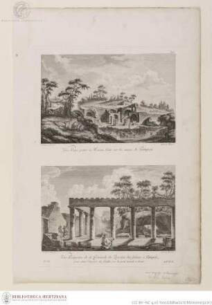 Blatt mit zwei Drucken; oben: Ruinen in Pompeji; unten: Säulenumgang im Soldatenquartier in Pompeji I