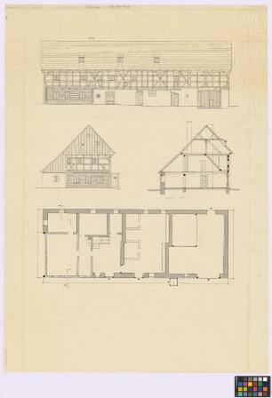 Schlesien: Bauernhaus. Haupthaus (Seiten-Ansicht, Giebel-Ansicht, Querschnitt, Grundriss)