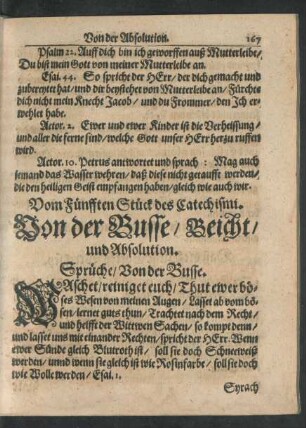 Vom Fünfften Stück des Catechismi. Von der Busse/ Beicht/ und Absolution.