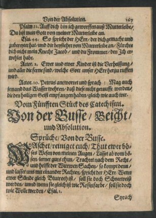 Vom Fünfften Stück des Catechismi. Von der Busse/ Beicht/ und Absolution.