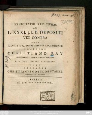 Exercitatio Ivris Civilis Ad L. XXXI. §.I. D. Depositi Vel Contra
