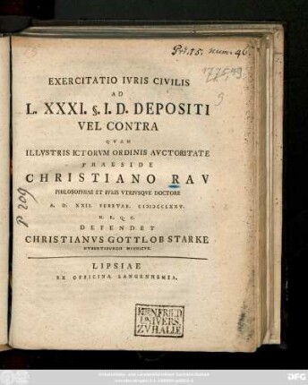 Exercitatio Ivris Civilis Ad L. XXXI. §.I. D. Depositi Vel Contra
