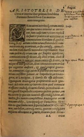 Aristotelis De Ortu & interitv Libri Dvo