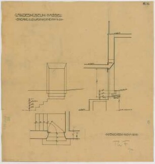 Fischer, Theodor; Kassel; Museum (jetzt: Hessisches Landesmuseum) - Eingang zur Waschküche (Grundriss, Ansicht,Schnitt)