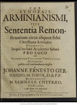Synopsis Arminianismi, Sive Sententia Remonstrantium circa aliquot fidei Christianae Articulos Examinata