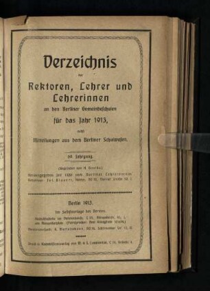 69: Verzeichnis der Rektoren, Lehrer und Lehrerinnen an den Berliner Gemeindeschulen - 69.1913