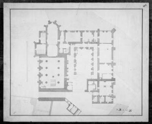 Erdgeschossgrundriss des Schlosses zu Chemnitz. Lavierte Federzeichnung; 411 x 501 mm, um 1810/20 (mit nachträglichen Einzeichnungen)