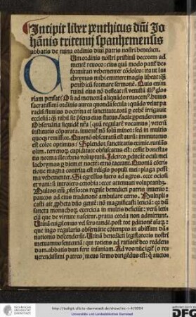 Incipit liber penthicus domini Johannis Tritemii Spanhemensis abbatis de ruina ordinis divi patris nostri Benedicti.