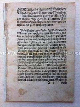 Bericht über den Tod Luthers und die Überführung seines Leichnams nach Wittenberg