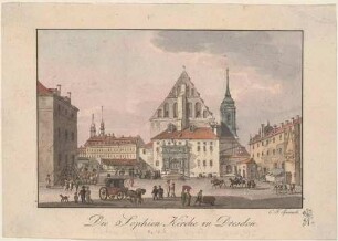 Die alte Sophienkirche in Dresden von Westen mit dem Goldenen Tor (Renaissancetor, bis 1737 an der Schlosskapelle) und den umliegenden Gebäuden