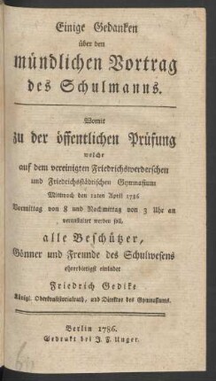 Einige Gedanken über den mündlichen Vortrag des Schulmanns