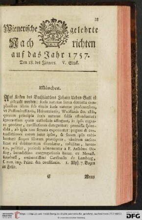 Den 18. des Jänners V. Stück