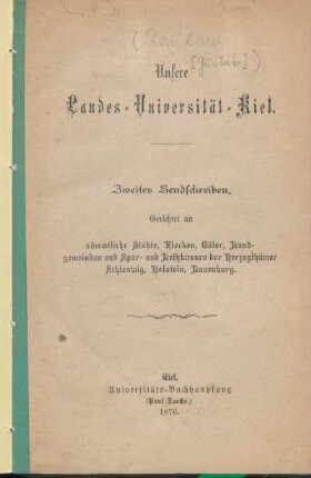 Zweites Sendschreiben: Gerichtet an sämmtliche Städte, Flecken, Güter, Landgemeinden und Spar- und Leihkassen der Herzogthümer Schleswig, Holstein, Lauenburg : Sendschreiben