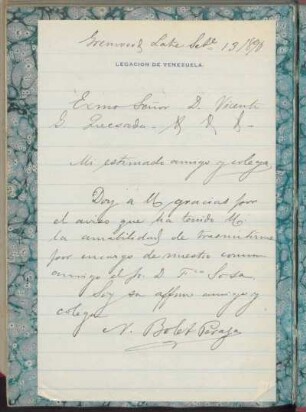 [Carta de agradecimiento de Nicanor Bolet Peraza de la Legación de Venezuela Vicente G. Quesada, 13 de septiembre de 1890]