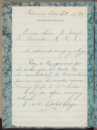 [Carta de agradecimiento de Nicanor Bolet Peraza de la Legación de Venezuela Vicente G. Quesada, 13 de septiembre de 1890]