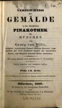 Verzeichniss der Gemälde in der königlichen Pinakothek zu München : Mit einem Grund- und Aufrisse der K. Pinakothek