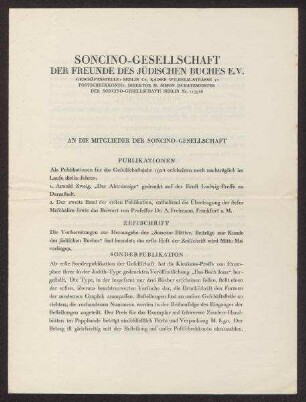 Mitteilung der Soncino-Gesellschaft betreffend eigene Publikationen
