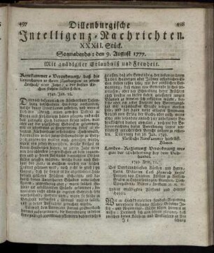 XXXII. Stück. Sonnabends: den 9. August 1777.