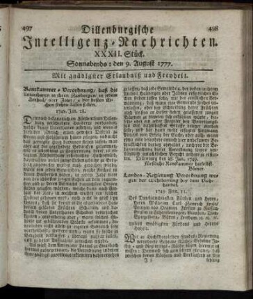XXXII. Stück. Sonnabends: den 9. August 1777.
