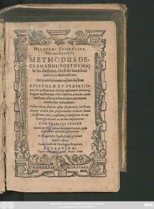 Nicodemi Frischlini, Viri incomparabilis Methodus Declamandi (Posthuma) in laudatione, thesi de laudibus mulierum demonstrata