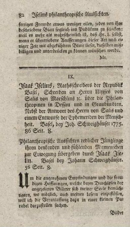 Schreiben an Herrn Ulysses von Salis von Marschlins - über die Philanthropinen in Dessau und in Graubündten.