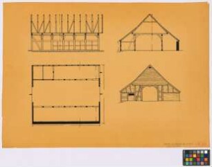 Belm-Vehrte (Landkreis Osnabrück): Hager Hof. [Stallgebäude] (Längsschnitt, Querschnitt, Grundriss, Giebel-Ansicht)