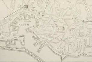 Kartenmaterial für Diavorträge. Reproduktion einer Karte von Genua. Ausschnitt mit dem Hafen