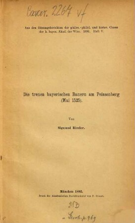 Die treuen bayerischen Bauern am Peissenberg (Mai 1525) : Von Sigmund Riezler