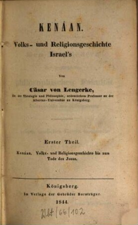 Kenáan : Volks- und Religionsgeschichte Israel's, 1. Kenáan : Volks- und Religionsgeschichte bis zum Tode des Josua