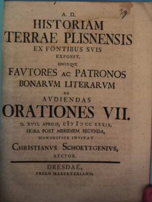 Historiam terrae Plisnensis ... exponit Christi. Schoettgen
