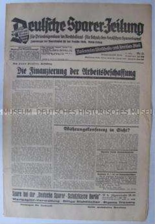 Finanzpolitische Fachzeitung "Deutsche Sparer-Zeitung" zur Finanzierung der Arbeitsbeschaffung
