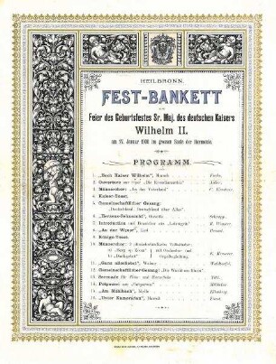 Programmzettel für das "Fest-Bankett zur Feier des Geburtsfestes Sr. Maj. des deutschen Kaisers Wilhelm II..." in der Harmonie