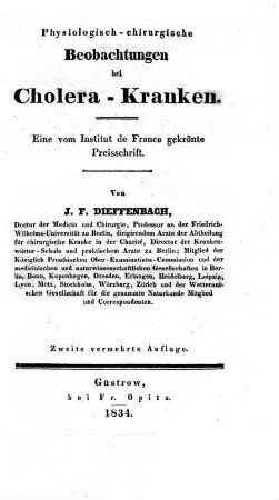 Physiologisch-chirurgische Beobachtungen bei Cholera-Kranken