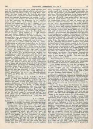 143-145 [Rezension] Fröhlich, Karlfried, Gottesreich, Welt und Kirche bei Calvin