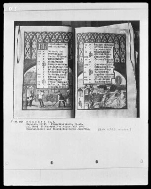 Flämisches Gebetbuch — Kalendar, Folio 1verso-13recto — Buchseite August mit Monatsbild - Getreide dreschen, Folio 8verso
