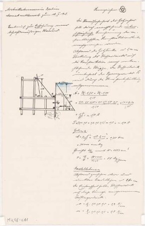 Behelfsmäßiges Stauwehr Monatskonkurrenz Februar 1918: Berechnungen und Konstruktionsskizzen, 4 S.