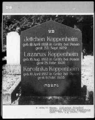 Grabstein von Jettchen Koppenheim (+1929.09.23), Lazarus Koppenheim (+ 1930.02.28) und Karolinka Koppenheim (1935.02.09)
