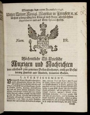 Num. 19. Montags den 25ten Decembris 1747.