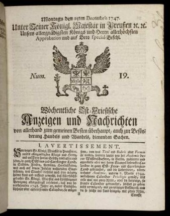 Num. 19. Montags den 25ten Decembris 1747.