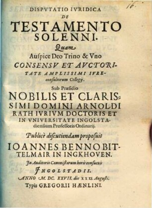 Disputatio Iuridica De Testamento Solenni