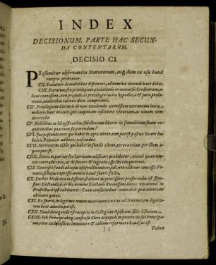 Index Decisionum, Parte Hac Secunda Contentarum.