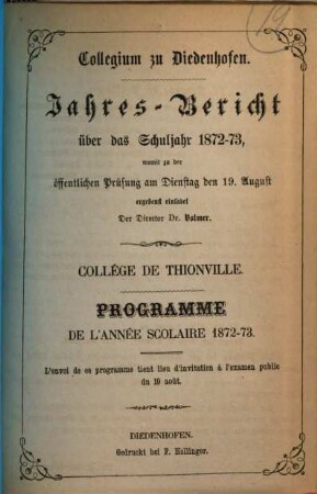 Jahres-Bericht : über das Schuljahr .... 1872/73