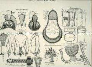 Uniformdarstellung, Detailstudie Helme, Waffenrock, Abzeichen, Epauletten, Sattel, Feldkochgeschirr und Schabracke der Chevauleger-Regimenter, Königreich Bayern, 1897/1900. Beiblatt zu Tafel XVIII aus: Müller/Braun: Königl. Bayerische Armee.