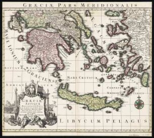 Geschichtskarte vom Alten Griechenland, ca. 1:1 300 000, Kupferstich, zwischen 1740 und 1756 : Graeciae Pars Meridionalis [= 1 Teilhälfte von:] Graeciae Antiquae Designatio Nova : in qua tam locorum situs ad distantias itinerarias, quam ad Astronomicas Observationes descriptus, littorum itidem flexurae et alia id genus, ad accuratas recentiorum rationes accomodatus ; Cum Gratia et Privil. S. R. I. Vicariatus, in partibus Rheni, Sveviae, et Iuris Franconici / studio et impensis Matth. Seutteri, Chalcogr.. - [Ca. 1:1 300 000]. - [zwischen 1740 u. 1756]. - 1 Kt. in 2 Teilen auf 2 Bl. : Kupferstich [nur 1 Teil vorh.]; Gesamtgr. 56 x 92 cm. - Maßstab in graph. Form (Stadia Graeca, Milliaria Romana) Mit Abbildung des Koloss von Rhodos.