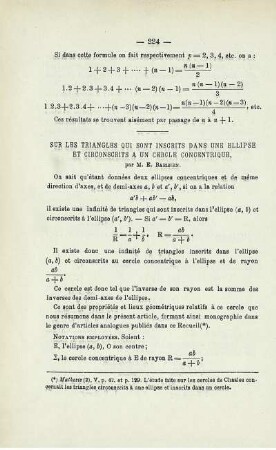 SUR LES TRIANGLES QUI SONT INSCRITS DANS UNE ELLIPSE ET CIRCONSCRITS A UN CERCLE CONCENTRIQUE.